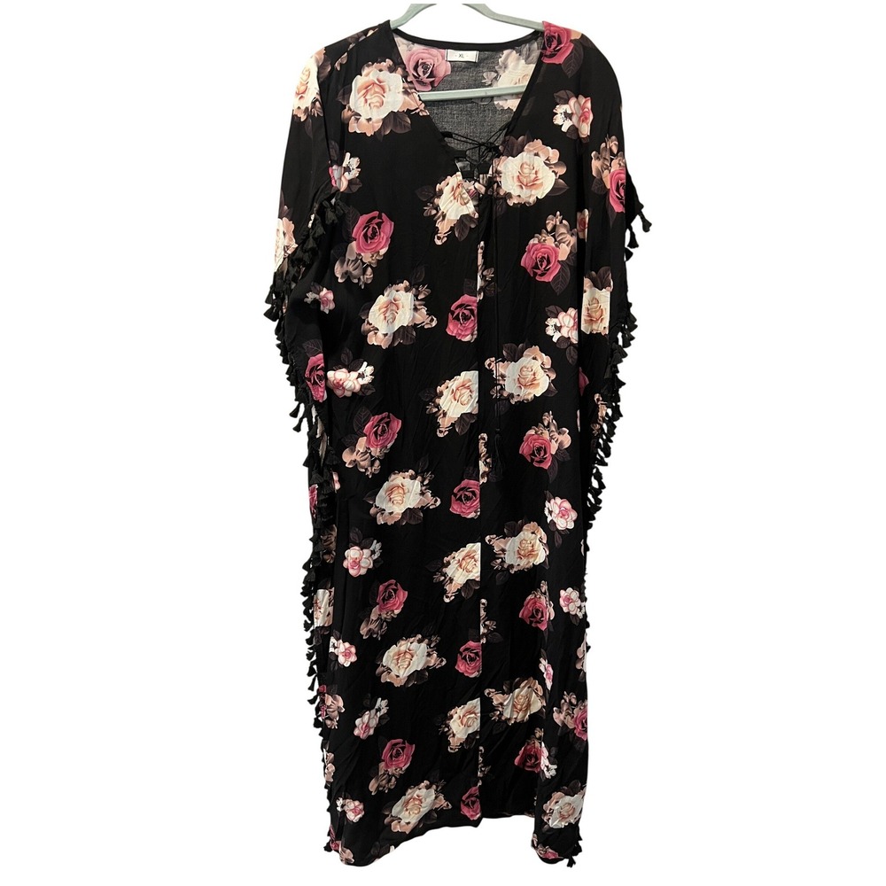 Floral Rose Print Womens‎ Kaftan Maxi Dress XL Black Tassel Trim Beach Cover Up